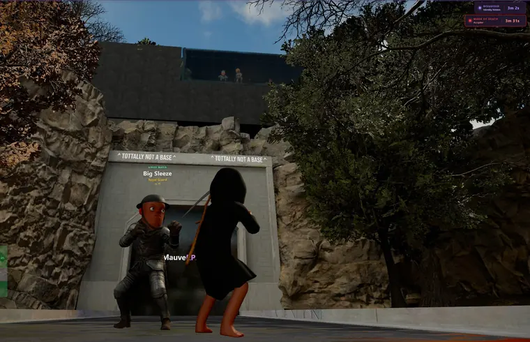 A royal guard defends a base entrance labeled TOTALLY NOT A BASE