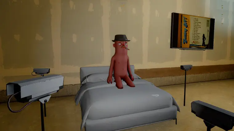 A citizen in a fedora sits on a bed surrounded by CCTV cameras