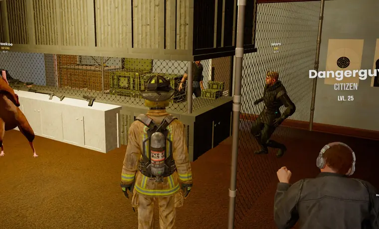 A rat mascot dances in the gun store while a firefighter and the King look on