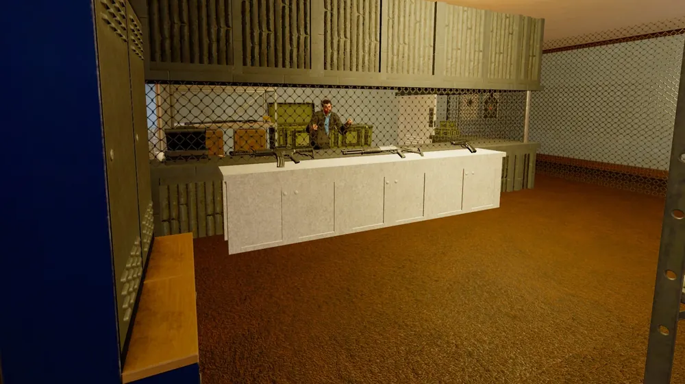 A gun dealer behind the counter of a player-built shop, rifles laid out for sale