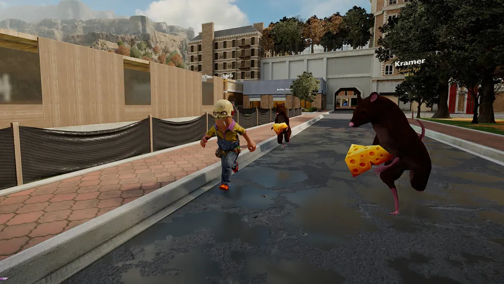 Two giant sewer rats sprint down the street carrying wedges of cheese